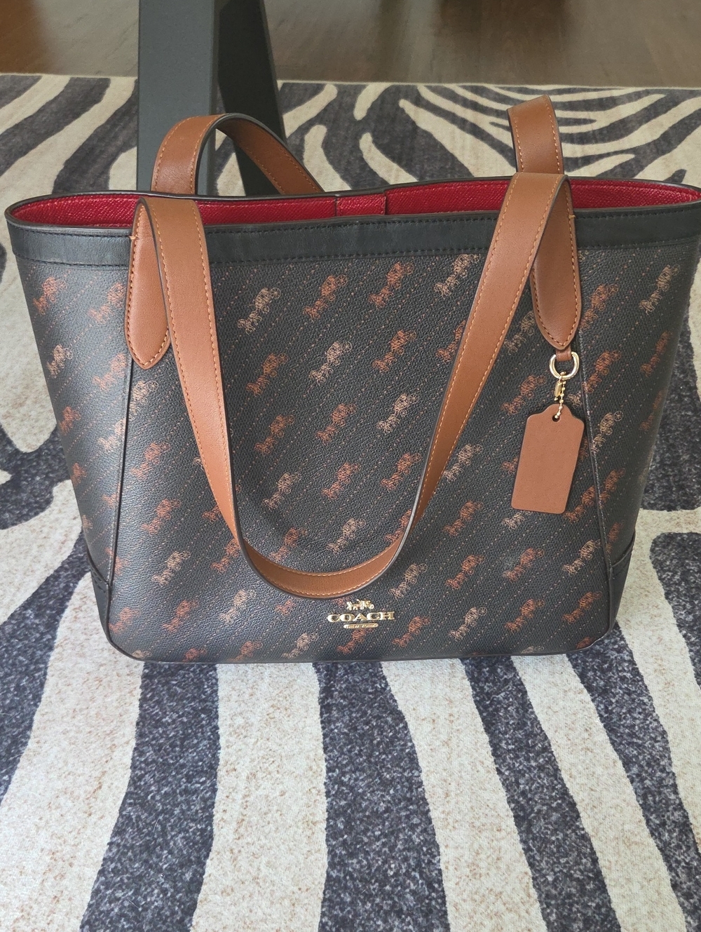 Coach Brown Signature Monogram Tote with Tan Leather Straps